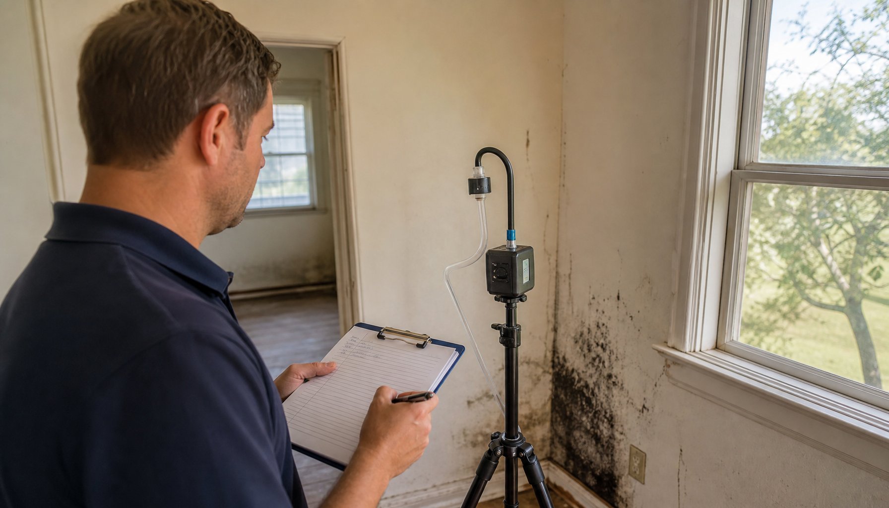 Inspector taking an air quality mold sample in a Tulsa, Oklahoma home