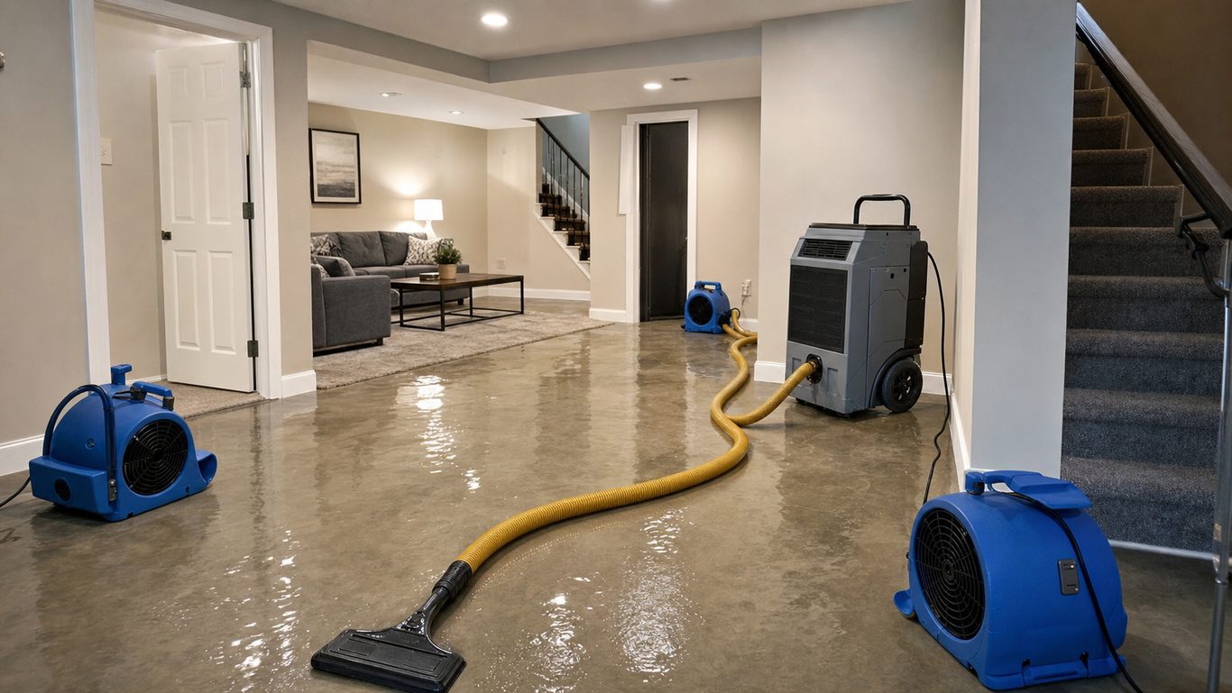 Basement water cleanup scene with pump hose, drying fan, and dehumidifier in an Oklahoma City home.