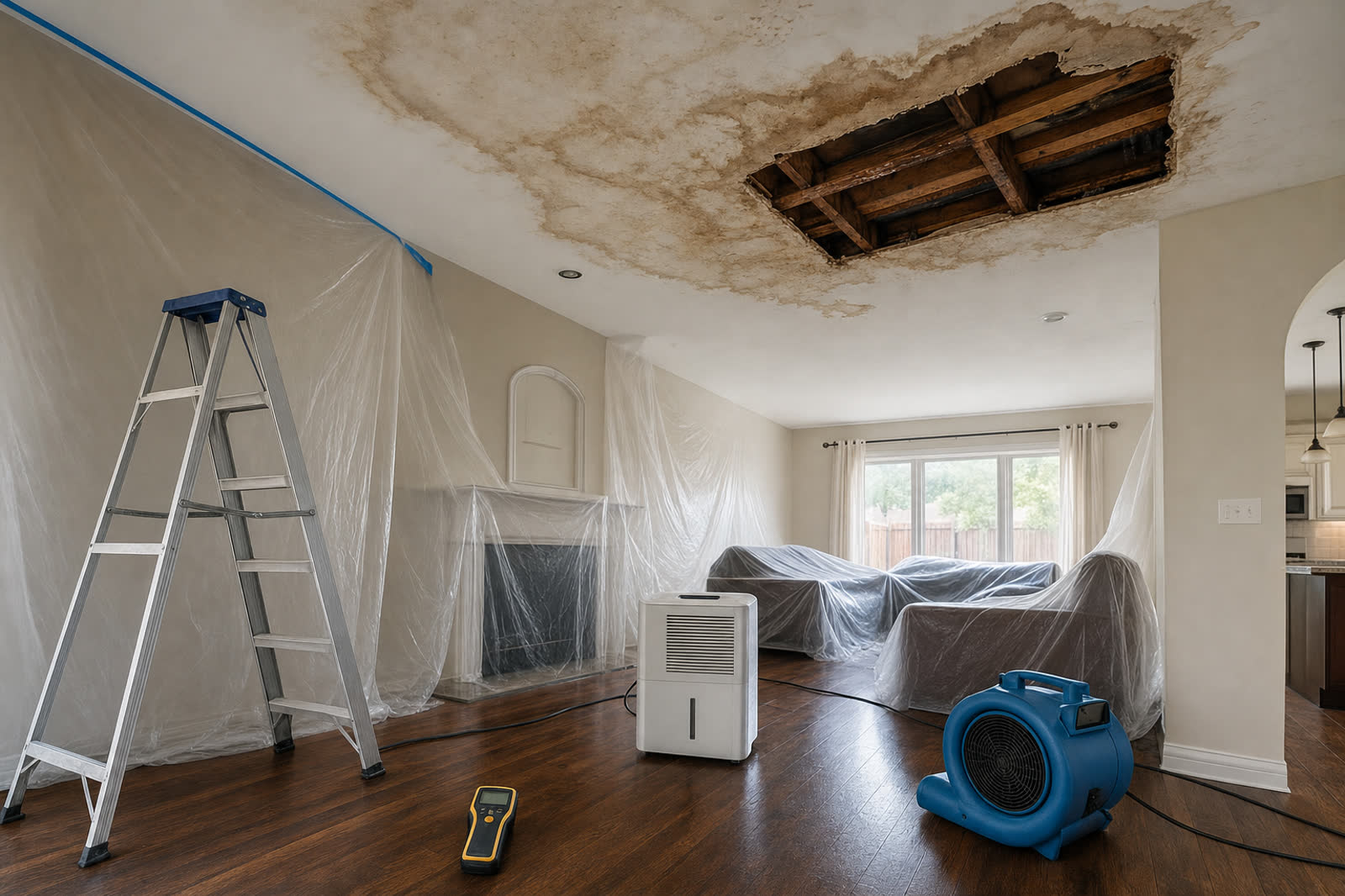 Ceiling water damage repair scene with stained drywall, drying equipment, ladder, and covered furniture inside an Oklahoma City home | Trustworthy Restoration | Oklahoma City