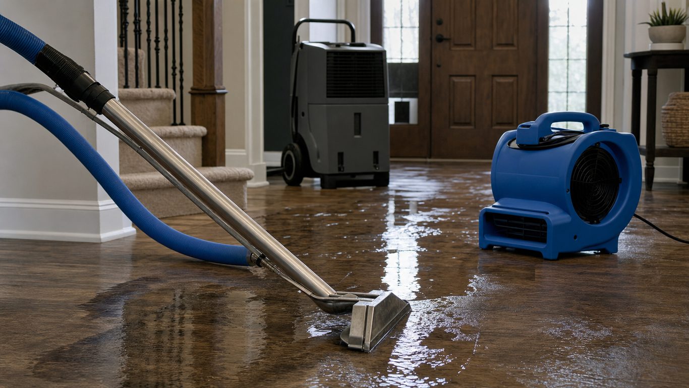 Wet vacuum hose and air movers staged for emergency water removal inside an Oklahoma City home.