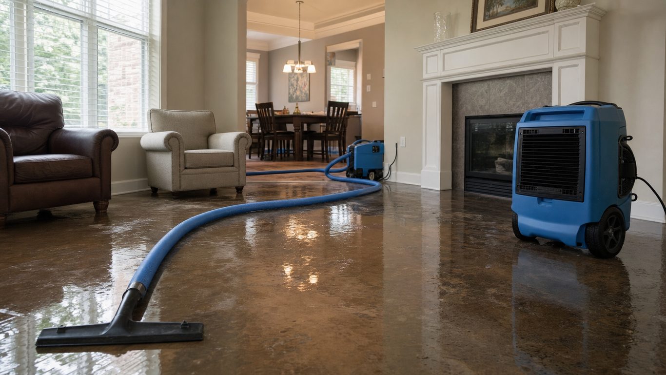 Water extraction hose and drying fans on a wet floor during flood restoration in Oklahoma City.