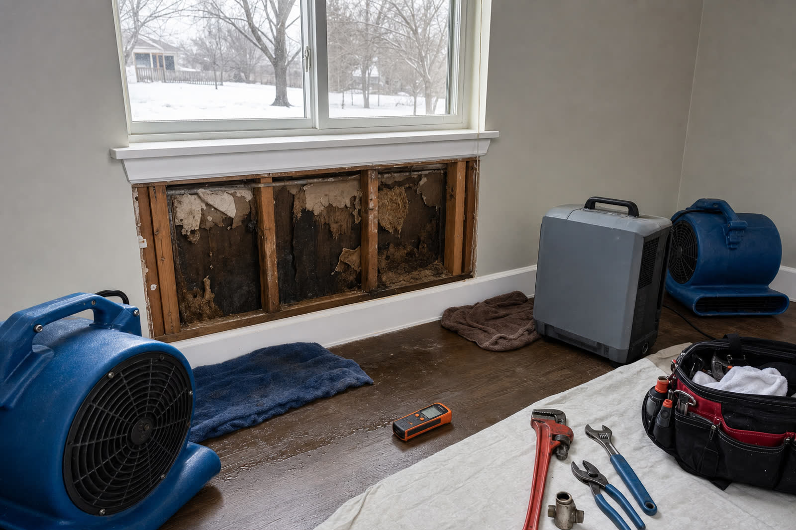 Frozen pipe cleanup with exposed wet wall, drying fans, and winter scene outside an Edmond home | Trustworthy Restoration | Edmond