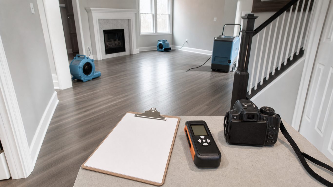 Restoration claim documentation scene with moisture meter, camera, clipboard, and drying equipment in an Oklahoma City home.