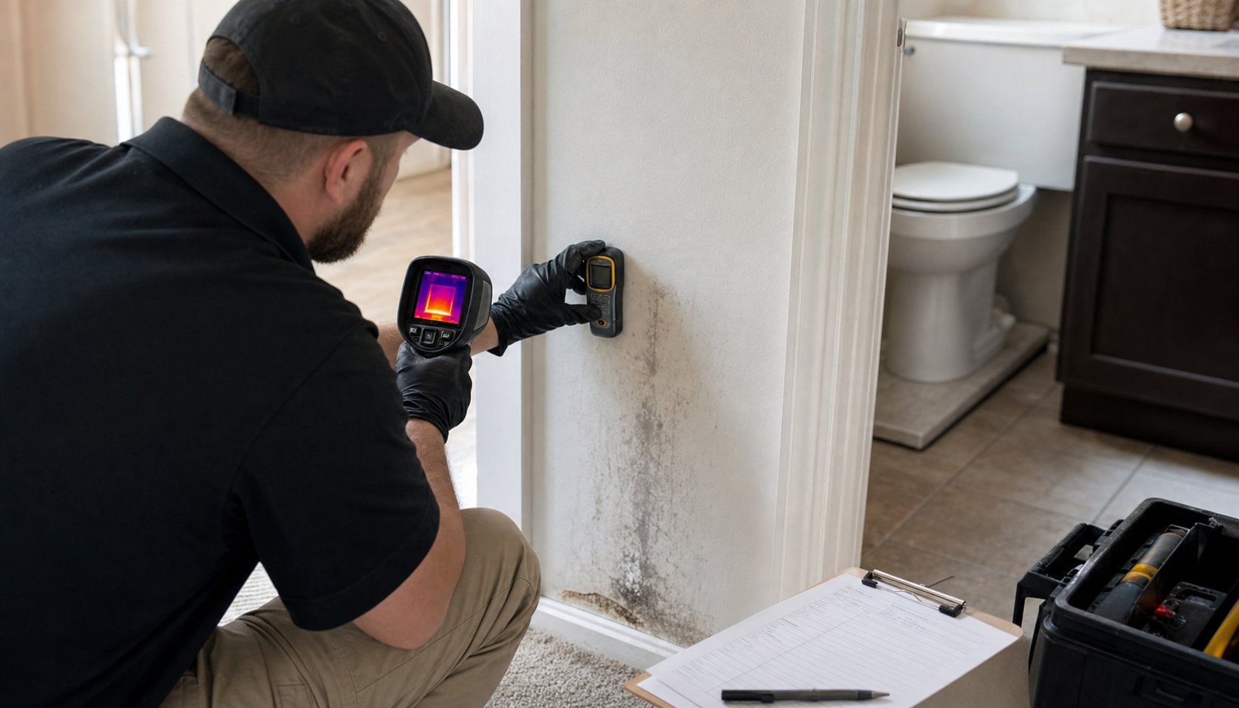 Inspector performing a mold inspection with a moisture meter in an Oklahoma City home