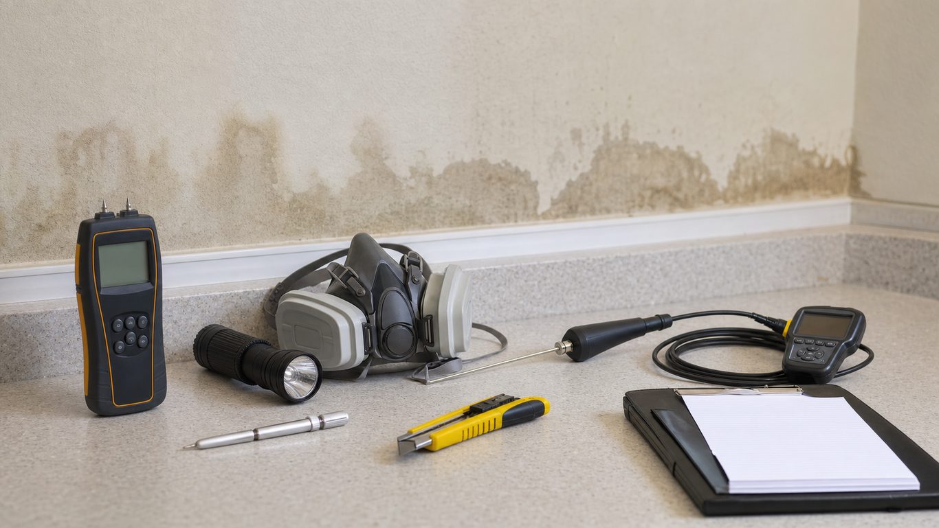 Moisture meter, flashlight, and inspection tools used during a mold inspection in an Oklahoma City home.