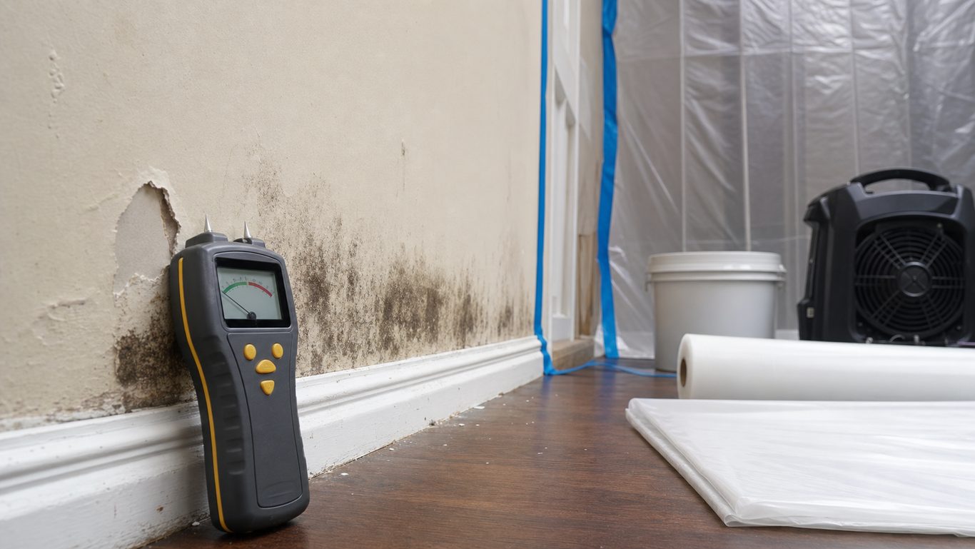 Dehumidifier and containment setup for mold removal after water damage inside an Oklahoma City house.