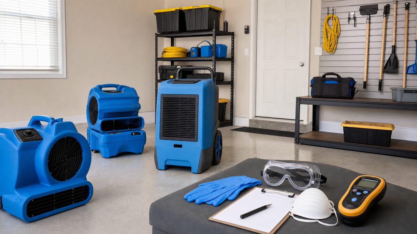 Organized restoration equipment, drying fans, and protective supplies ready for an Oklahoma City cleanup job.