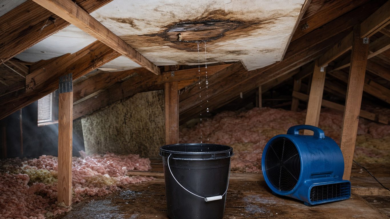 Ceiling water stain with bucket, tarp, and drying fan after a roof leak from an Oklahoma City storm.