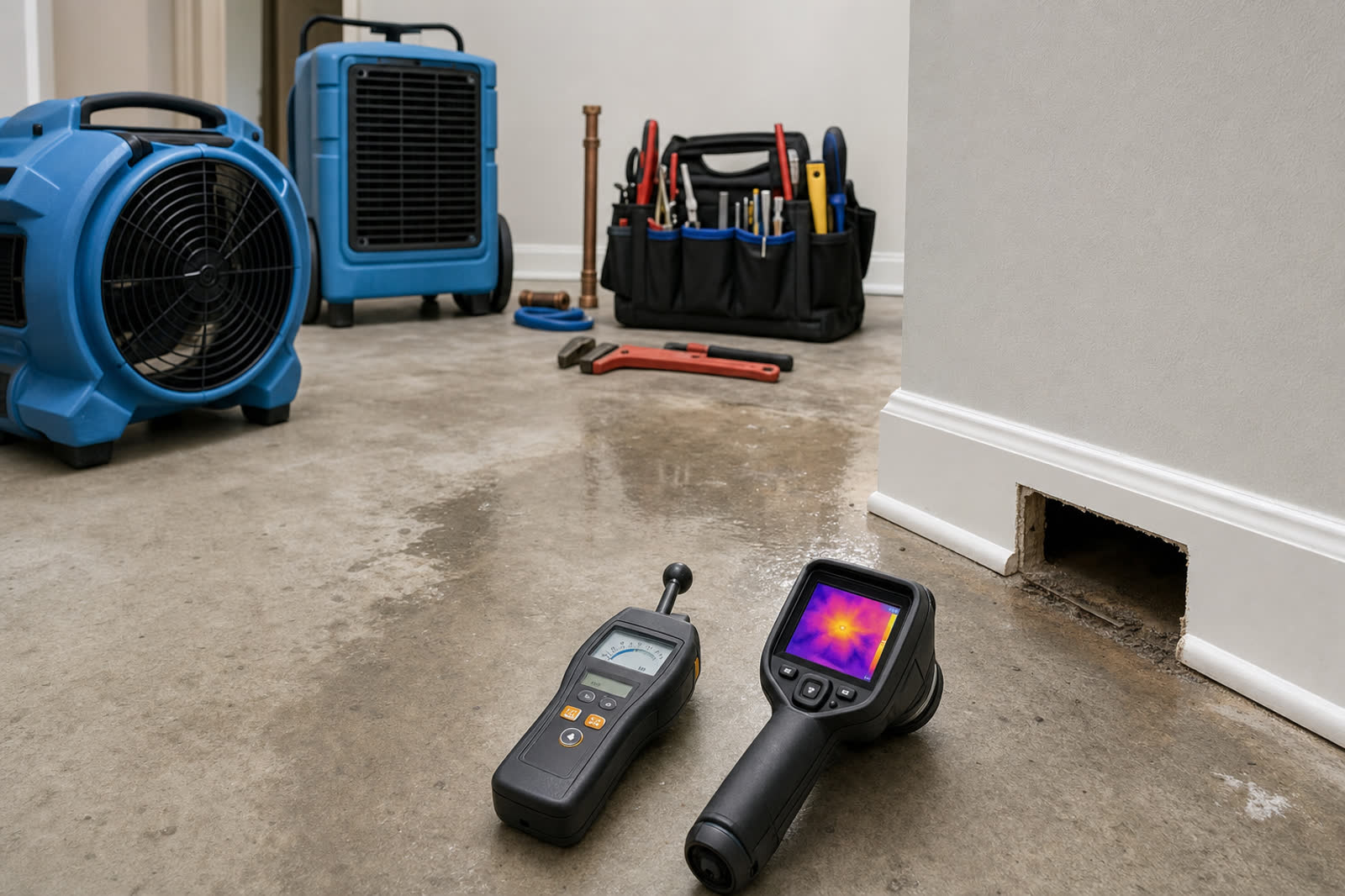 Slab leak detection tools, drying fan, dehumidifier, and opened baseboard area inside an Oklahoma City home | Trustworthy Restoration | Oklahoma City
