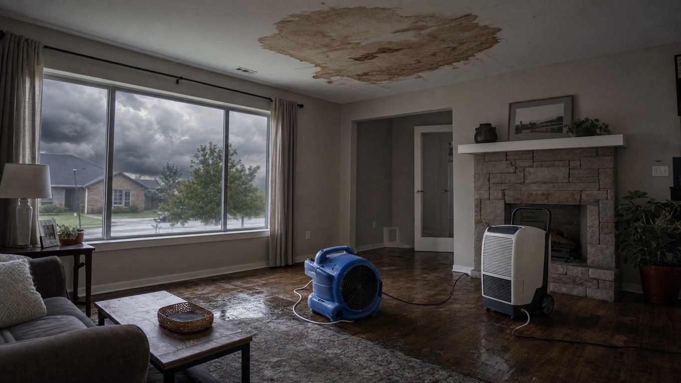 Storm restoration equipment and drying fans inside an Oklahoma City home after wind-driven rain intrusion.