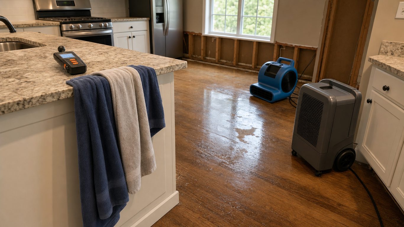 Drying fans, wet vacuum hose, and lifted baseboards during the first day of water damage cleanup in Oklahoma City.