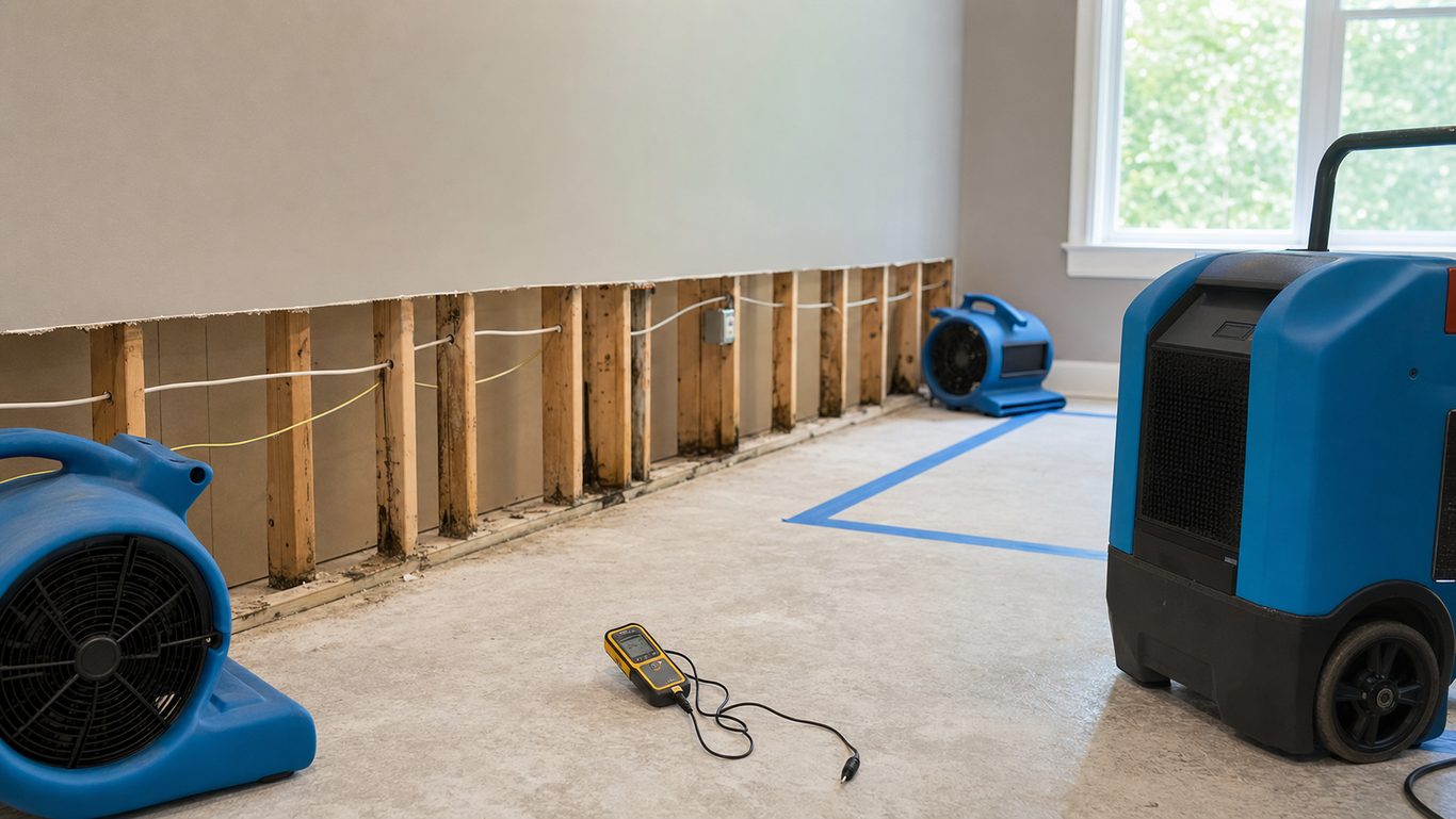 Wall repair area with removed baseboard, drying equipment, and moisture meter after Oklahoma City water damage.