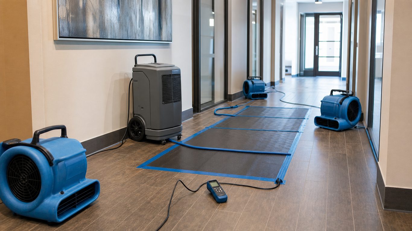 Moisture meter, air movers, and drying equipment used for water mitigation in an Oklahoma City home.